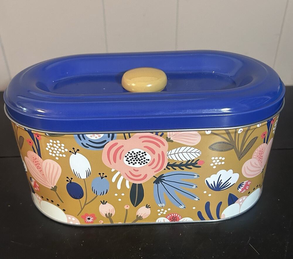 Floral Metal Storage Tin Canister Blue Lid Mustard Yellow Pink Flowers Unmarked